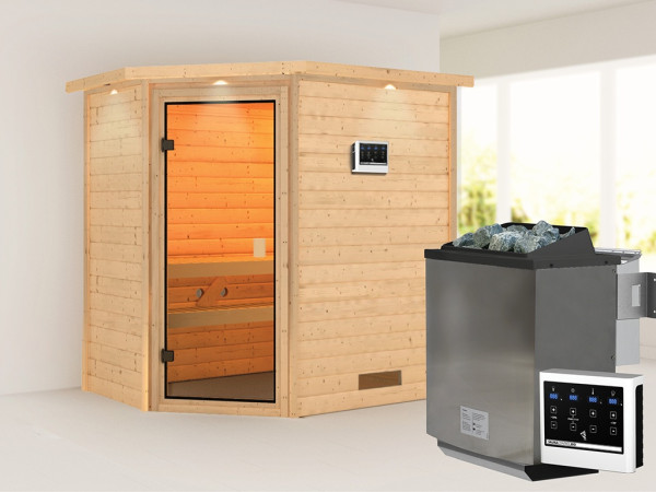 Sauna Massivholzsauna Jella mit Dachkranz, inkl. 9 kW Bio-Ofen mit externer Steuerung