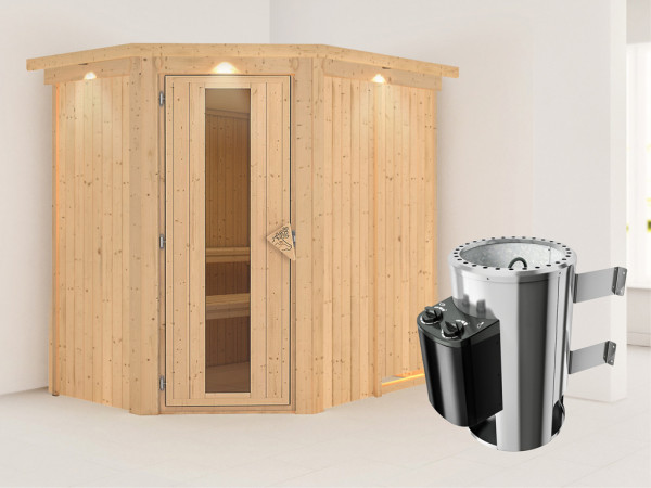 Sauna Systemsauna Saja mit Dachkranz, Energiespartür + Plug & Play Saunaofen mit Steuerung