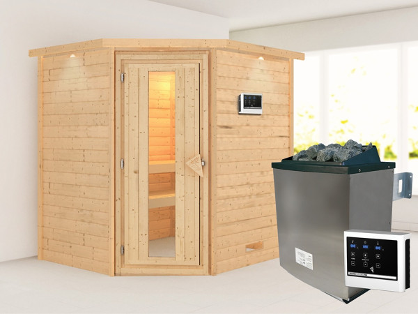 Sauna Massivholzsauna Mia mit Dachkranz, inkl. 9 kW Ofen mit externer Steuerung