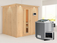 Sauna Systemsauna Sodin mit Dachkranz, inkl. 4,5 kW Bio-Ofen mit externer Steuerung