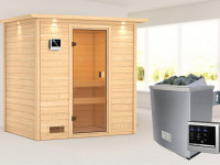 Sauna Massivholzsauna Selena mit Dachkranz, inkl. 4,5 kW Ofen mit externer Steuerung