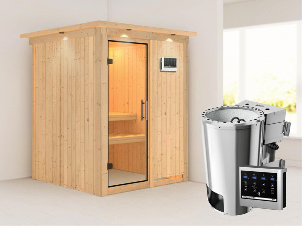Sauna Systemsauna Minja mit Dachkranz, Klarglas Ganzglastür + Plug &amp; Play Bio-Ofen mit ext. Strg