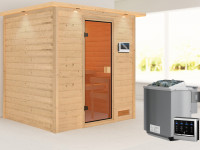 Sauna Massivholzsauna Adelina mit Dachkranz, inkl. 4,5 kW Bio-Ofen mit externer Steuerung