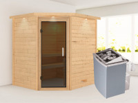 Sauna Massivholzsauna Mia mit Dachkranz, inkl. 4,5 kW Ofen mit externer Steuerung