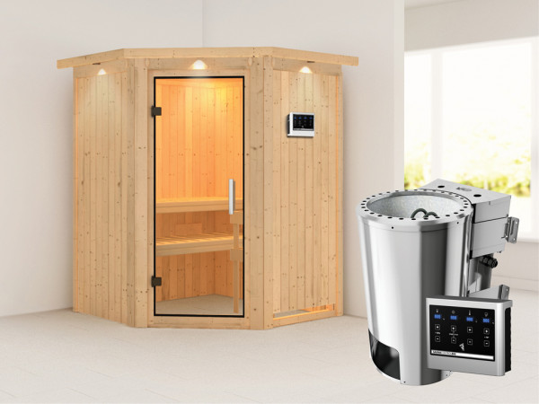 Sauna Systemsauna Nanja mit Dachkranz, Klarglas Ganzglastür + Plug &amp; Play Bio-Ofen mit ext. Strg
