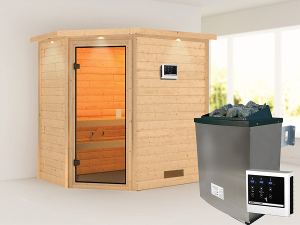 Sauna Massivholzsauna Jella mit Dachkranz, inkl. 9 kW Ofen mit externer Steuerung