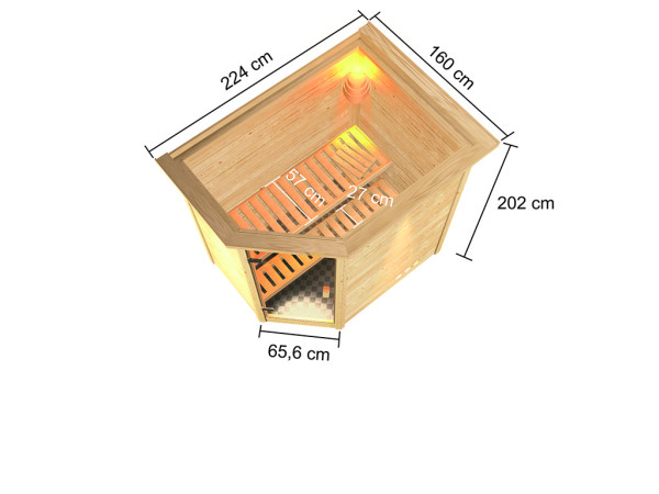 Sauna Massivholzsauna Svea mit Dachkranz, inkl. 9 kW Ofen mit integrierter Steuerung