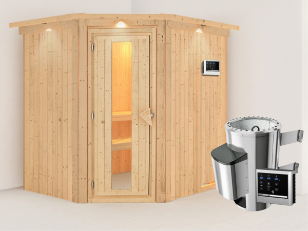 Sauna Systemsauna Lilja mit Dachkranz, Energiespartür + Plug & Play Saunaofen mit ext. Steuerung