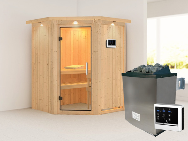 Sauna Systemsauna Larin mit Dachkranz, inkl. 9 kW Ofen mit externer Steuerung