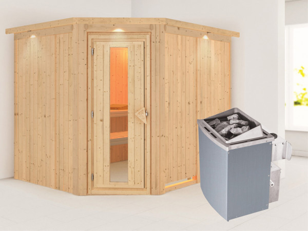 Systemsauna Malin mit Dachkranz, Holztür mit Isolierglas, inkl. 9 kW Saunaofen integr. Steuerung