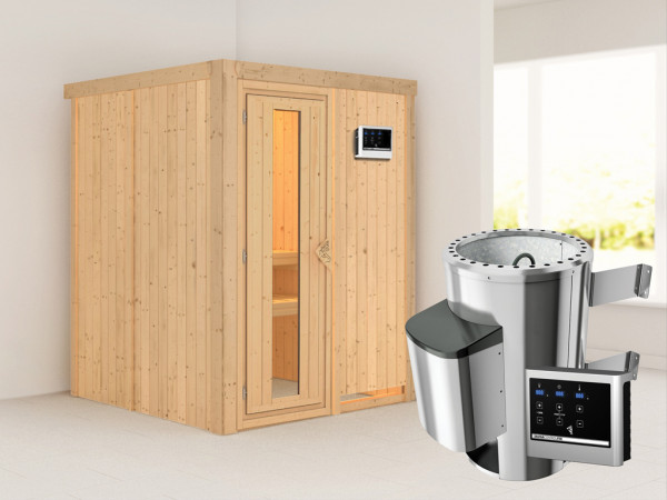 Sauna Systemsauna Minja Energiespartür + Plug &amp; Play Saunaofen mit externer Steuerung