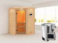 Sauna Antonia mit bronzierter Glastür und Dachkranz + 3,6 kW Plug & Play Bio-Ofen ext. Strg.