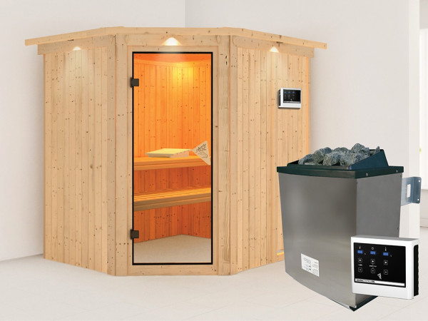 Sauna Systemsauna Siirin mit Dachkranz, inkl. 9 kW Ofen mit externer Steuerung