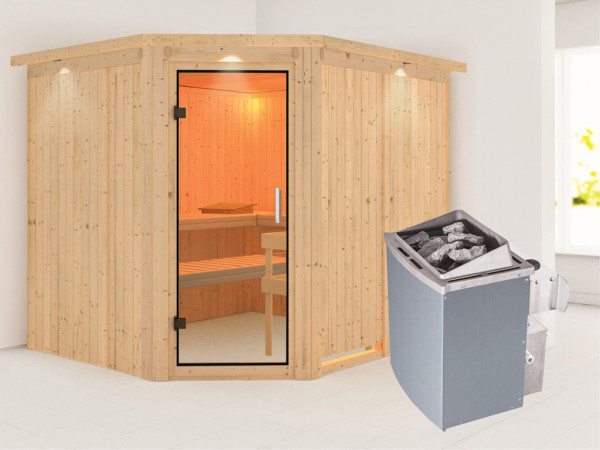 Sauna Systemsauna Malin mit Dachkranz, Klarglas Ganzglastür + 9 kW Saunaofen mit Steuerung