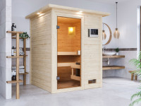 Sauna Massivholzsauna Sandra mit Dachkranz, inkl. 4,5 kW Ofen mit externer Steuerung