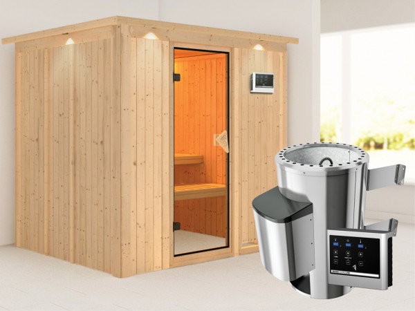 Sauna Systemsauna Daria mit Dachkranz, inkl. Plug & Play Saunaofen externe Steuerung