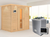 Sauna Massivholzsauna Sonja mit Dachkranz, inkl. 4,5 kW Bio-Ofen mit externer Steuerung