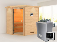 Sauna Massivholzsauna Svea mit Dachkranz, inkl. 4,5 kW Bio-Ofen mit externer Steuerung