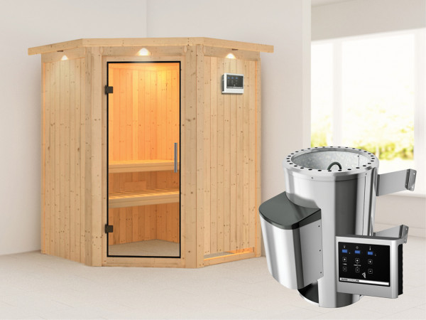 Sauna Systemsauna Nanja mit Dachkranz, Klarglas Ganzglastür + Plug & Play Saunaofen mit ext. Strg