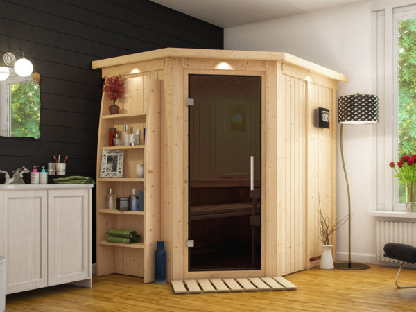 Sauna Systemsauna Saja mit Dachkranz, graphit Ganzglastür + Plug &amp; Play Bio-Ofen mit ext. Strg.