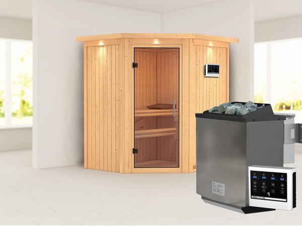 Sauna Systemsauna Taurin mit Dachkranz, inkl. 9 kW Bio-Ofen mit externer Steuerung