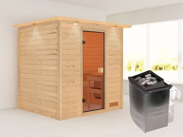 Sauna Massivholzsauna Anja mit Dachkranz, inkl. 9 kW Ofen mit integrierter Steuerung