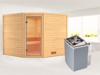 Sauna Massivholzsauna Leona Klarglas Ganzglastür + 9 kW Saunaofen mit Steuerung