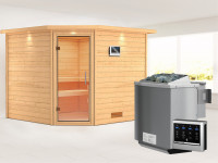 Sauna Massivholzsauna Leona mit Dachkranz, Klarglas Ganzglastür + 9 kW Bio-Kombiofen mit ext. Strg