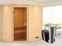 Sauna Jella mit bronzierter Glastür und Dachkranz + 3,6 kW Plug & Play Saunaofen integr. Strg.