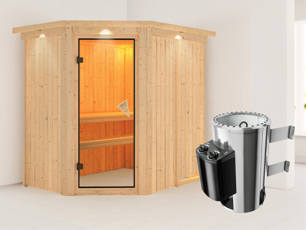 Sauna Systemsauna Saja mit Dachkranz, inkl. Saunaofen Plug &amp; Play mit Steuerung