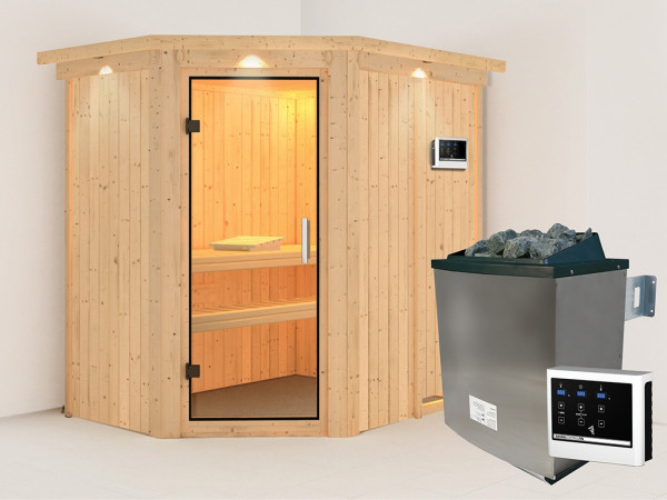 Sauna Systemsauna Carin mit Dachkranz, inkl. 9 kW Ofen mit externer Steuerung