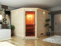 Sauna Massivholzsauna Leona mit Dachkranz, bronzierte Ganzglastür