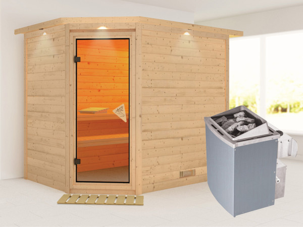 Sauna Massivholzsauna Tanami mit Dachkranz , inkl. 9 kW Saunaofen integr. Steuerung