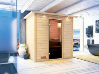 Sauna Massivholzsauna Sonja mit Dachkranz, inkl. 4,5 kW Ofen mit integrierter Steuerung