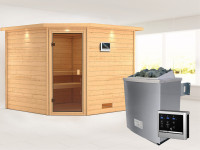 Sauna Massivholzsauna Leona mit Dachkranz, bronzierte Ganzglastür + 9 kW Saunaofen mit ext. Strg