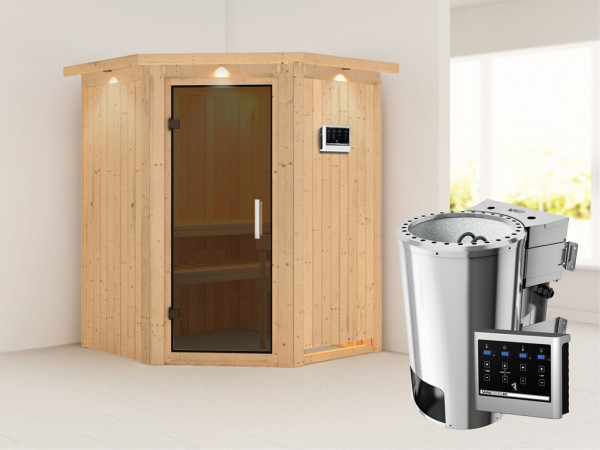 Sauna Systemsauna Nanja mit Dachkranz, graphit Ganzglastür + Plug &amp; Play Bio-Ofen mit ext. Strg