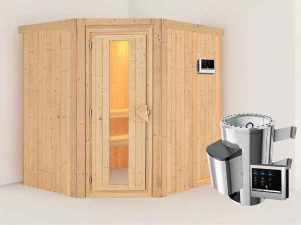 Sauna Systemsauna Lilja Energiespartür + Plug & Play Saunaofen mit externer Steuerung