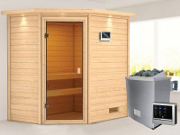 Sauna Massivholzsauna Jella mit Dachkranz, inkl. 4,5 kW Ofen mit externer Steuerung
