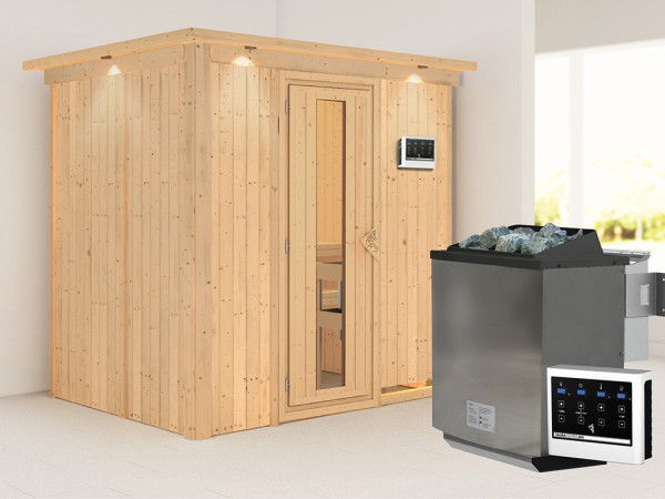 Sauna Systemsauna Bodin mit Dachkranz, inkl. 9 kW Bio-Ofen mit externer Steuerung
