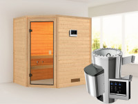 Sauna Jella mit bronzierter Glastür + 3,6 kW Plug & Play Saunaofen ext. Strg.