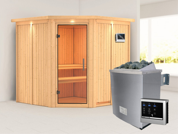 Sauna Systemsauna Jarin mit Dachkranz, Klarglas Ganzglastür + 9 kW Saunaofen mit ext. Strg