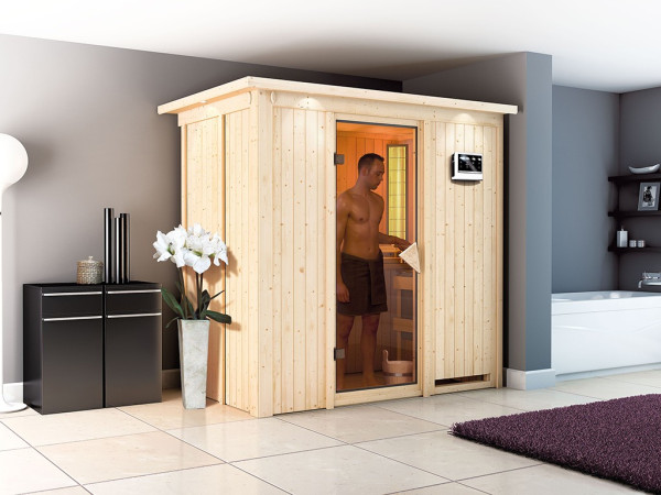Sauna Systemsauna Variado mit Dachkranz, inkl. 9 kW Bio-Ofen mit externer Steuerung