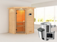 Sauna Antonia mit bronzierter Glastür und Dachkranz + 3,6 kW Plug & Play Saunaofen ext. Strg.