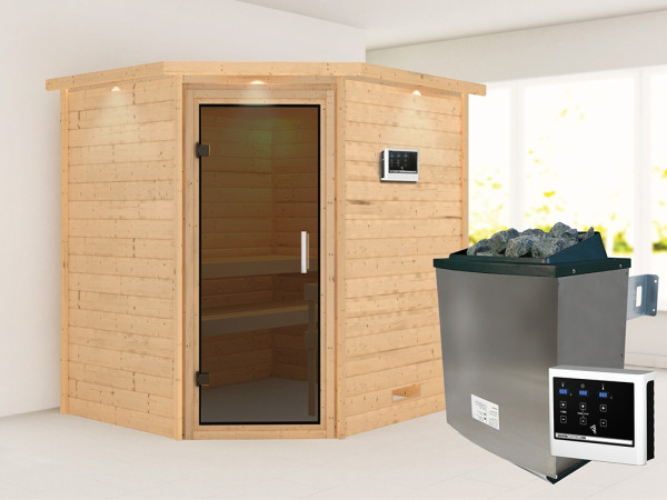 Sauna Massivholzsauna Mia mit Dachkranz, inkl. 9 kW Ofen mit externer Steuerung