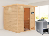 Sauna Massivholzsauna Jara mit Dachkranz, inkl. 4,5 kW Ofen mit externer Steuerung