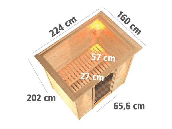 Sauna Massivholzsauna Sonja mit Dachkranz, inkl. 9 kW Ofen mit integrierter Steuerung