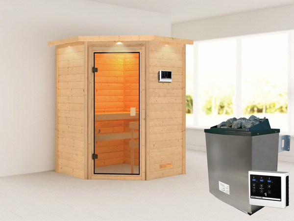 Sauna Massivholzsauna Antonia mit Dachkranz, inkl. 9 kW Ofen mit externer Steuerung