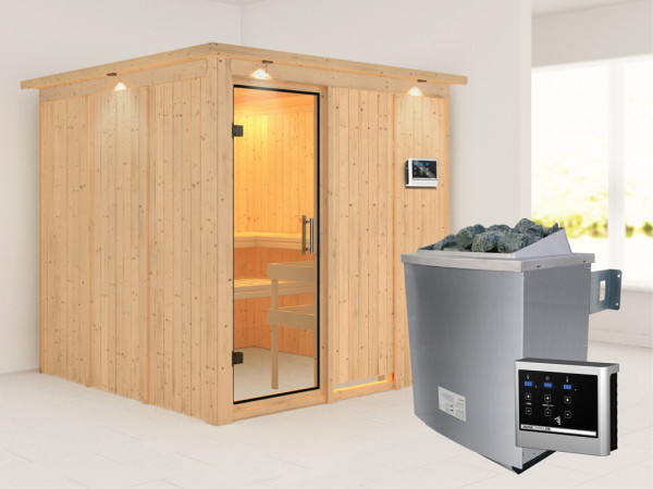 Sauna Systemsauna Rodin mit Dachkranz, Klarglas Ganzglastür + 9 kW Saunaofen mit ext. Strg