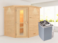 Sauna Massivholzsauna Mia mit Dachkranz, inkl. 4,5 kW Ofen mit externer Steuerung