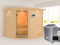 Sauna Massivholzsauna Tilda mit Dachkranz, inkl. 4,5 kW Ofen mit externer Steuerung